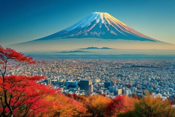 秋の紅葉観光地から望む富士山