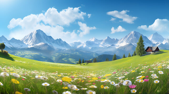 meadow with wildflowers,Tranquil Nature: Field of Flowers and Majestic Peaks,HD walpaper