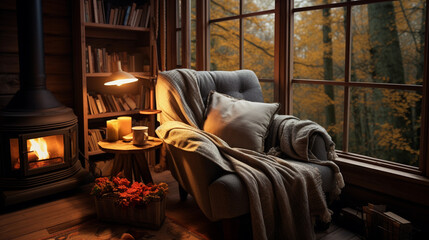 Fototapeta na wymiar A cozy reading nook by a window, with a comfortable armchair, a stack of books, and a warm throw blanket