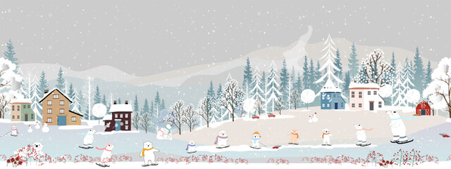 Winter landscape,Seamless pattern Christmas night cute polar bear family playing ice skate on hills,Vector  seamless Winter wonderland bear celebrating in forest,Merry Christmas,New year background