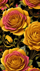 Starry Night Fantasy: Aesthetic Yellow and Pink Roses in Seamless Grace