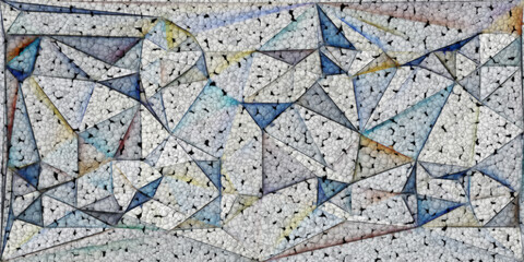 wide cubist style pattern and triangular mosaic design in shades of light blue
 and grey with textured bead effect