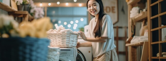 Asian woman washing clothes in washing machine - obrazy, fototapety, plakaty