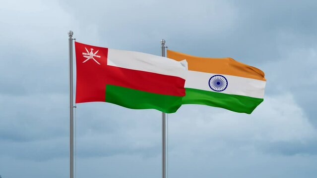 India flag and Oman flag waving together on cloudy sky, endless seamless loop, two country relations concept
