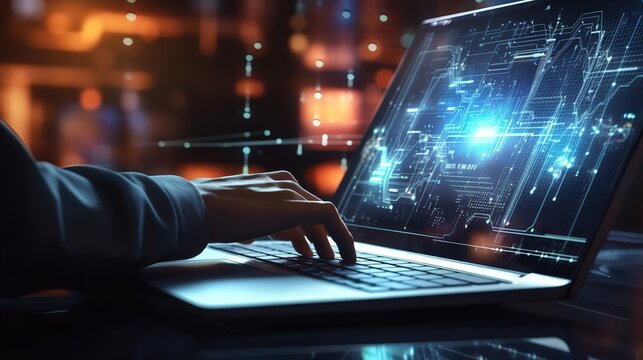 Data scientist and programmer examining financial data on a future virtual interface on a laptop. Generative Ai.