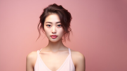 Portrait of young Asian woman isolated on pink background. Concept of health and beauty.