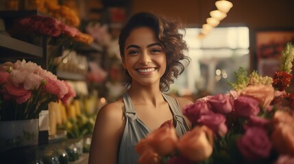 Gorgeous Hispanic woman doing a small business at her floral store with a smile. Generative Ai.