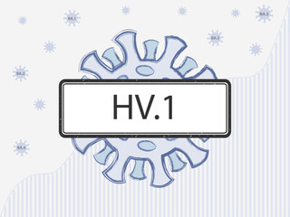 HV.1 in the sign. Coronovirus with spike proteins of a different colors symbolizing mutations. New Omicron subvariant against the background of covid-19 case statistics.