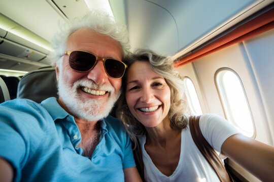 Pareja senior en el interior del avión antes de viajar. Turismo. 