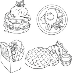food set of black and white sketches, hand drawing, vector illustration. line vector set