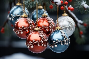 Christmas toys on a dark dramatic background, Christmas decorative toys on a blue spruce