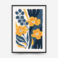 Abstract floral posters template. Modern trendy Matisse minimal style. Pink and blue colors. Hand drawn design for wallpaper, wall decor, print, postcard, cover, template, banner.