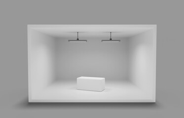 3d render white booth stand for trade show, presentation event. Mockup exhibition room with walls, light lamps on ceiling and table or podium display. Blank business promo area design. 3D illustration - obrazy, fototapety, plakaty