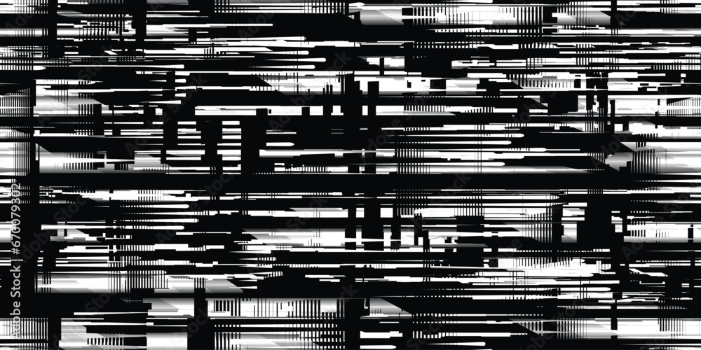 Poster Glitch distorted grungy abstract technology lines . Glitched lines seamless pattern texture. Grange shapes .Grunge textured . Vector stripes.Screen print endless pattern texture