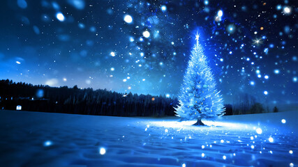 雪の降る森にあるクリスマスツリー
