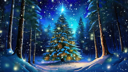 雪の降る森にあるクリスマスツリー