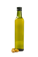 Olive oil in a bottle isolated on white background. Oil bottle with branches and fruits of olives.  cooking oil and salad dressing.