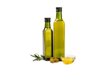 Olive oil in a bottle isolated on white background. Oil bottle with branches and fruits of olives.  cooking oil and salad dressing.
