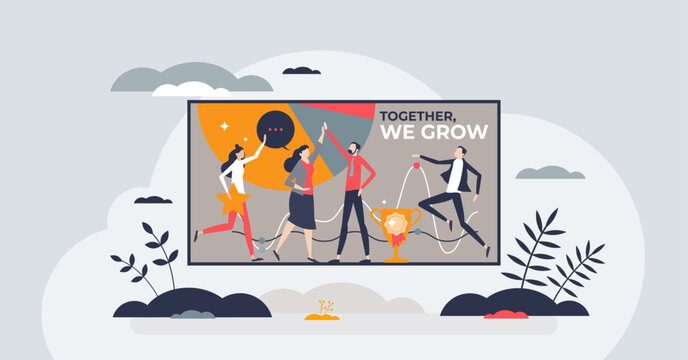 Company culture and human resources motivational work tiny person concept. HR job with teamwork inspiration and personnel management vector illustration. Engagement with productivity and efficiency.