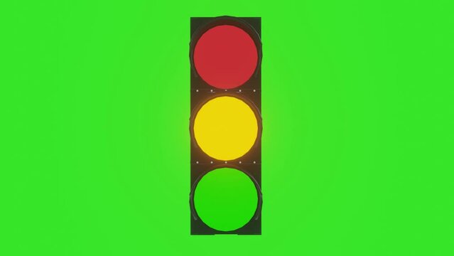 3d animation of traffic lights turning on from green then yellow and red lights and green screen background