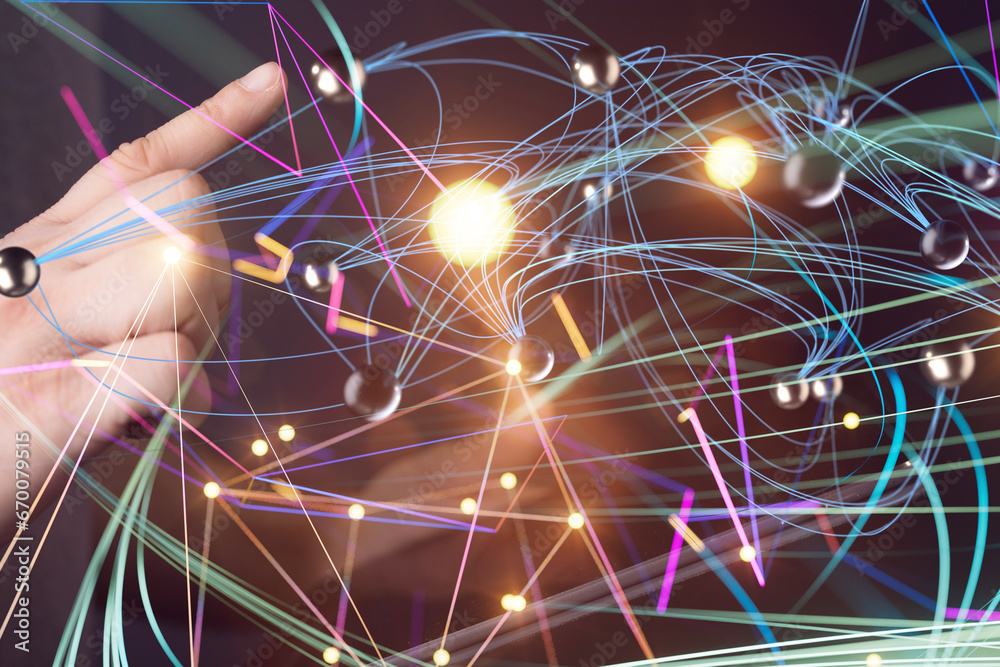 Poster Global network. Blockchain. 3D illustration. Neural networks and artificial intelligence. Abstract