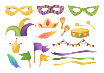 clipart cutout festive Mardi Gras set with carnival masks, flags, ribbons, crowns, feathers, drums, maracas, hat, garland on transparent background. large collection in purple, yellow, green colours