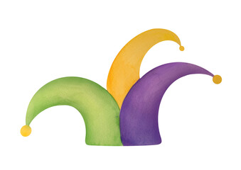 jester's hat in yellow, purple, green colors for Mardi Gras holiday. watercolor festive illustration isolated on transparent background. clip art and cut out fancy dress element © Kisandaya