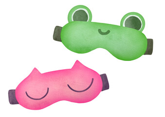 cute Sleep masks set. animal, cat, frog shaped loungewear. watercolor drawing on transparent background, cutout clip art personal accessory for comfort bedtime. help with insomnia, sound sleep