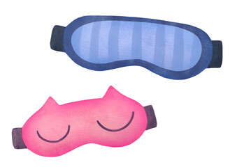 cute Sleep masks set. blue striped, pink cat shaped loungewear. watercolor drawing on transparent background, cutout clip art personal accessory for comfort bedtime. help with insomnia, sound sleep