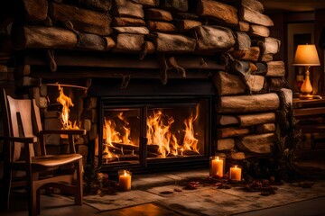 fire burning in the chimney of the house in the snow abstract background 