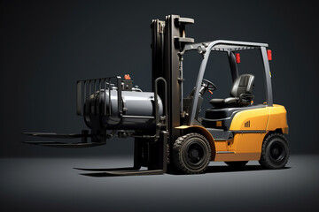 industrial Forklift with Oil Drums for Warehouse and logistics concepts, isolated on dark gray background as wide banner with copyspace area for text