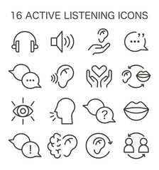 Active listening skill icons set. Symbol of attentiveness soft skill. Conversation, negotiation, emotional intelligence and team work. Flat vector illustration - obrazy, fototapety, plakaty