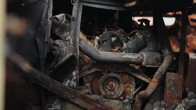 Details of the destroyed Russian infantry fighting vehicle (BMP). after the combat strike of the Ukrainian armed forces. destroyed the Russian BMP. burnt Russian landing vehicle in the war in Ukraine