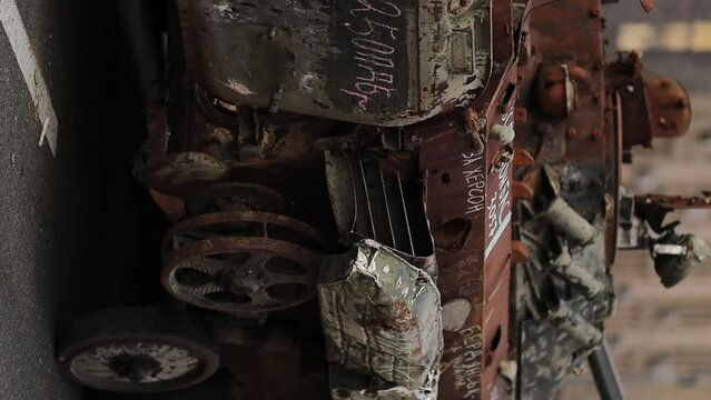 Details of the destroyed Russian infantry fighting vehicle (BMP). after the combat strike of the Ukrainian armed forces. destroyed the Russian BMP. burnt Russian landing vehicle in the war in Ukraine