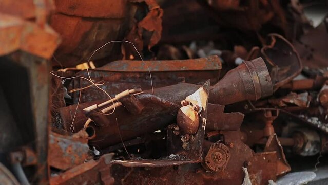 Details of the destroyed Russian infantry fighting vehicle (BMP). after the combat strike of the Ukrainian armed forces. destroyed the Russian BMP. burnt Russian landing vehicle in the war in Ukraine