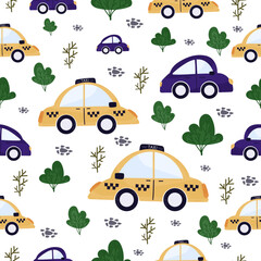 Seamless vector children's pattern. Stylized cars and taxi cars, bushes. Bright juicy colors. For boy's nursery, cards, prints and web.