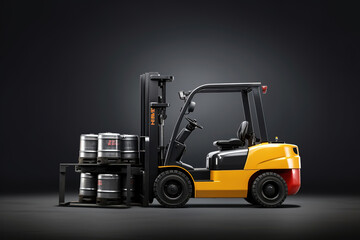 industrial Forklift with Oil Drums for Warehouse and logistics concepts, isolated on dark gray background as wide banner with copyspace area for text - obrazy, fototapety, plakaty