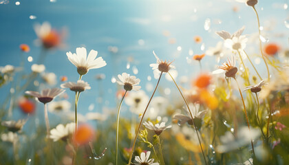 Blumen Pollen fliegen mit viel Licht auf einer bunten Blumenwiese herum als  Hintergrund
