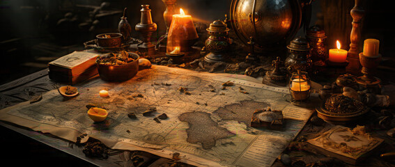 Pirate treasure map on brown wooden table closeup background.