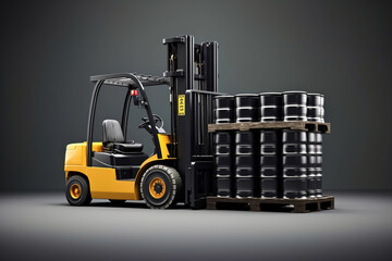 industrial Forklift with Oil Drums for Warehouse and logistics concepts, isolated on dark gray background as wide banner with copyspace area for text
