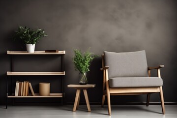Rustic Charm Beige Wooden Chair by Window Near Dark Stucco Wall