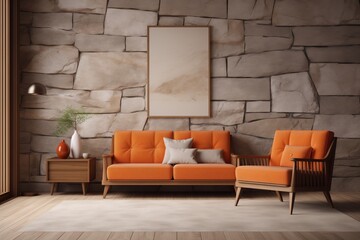 Cozy Beige Lounge Chair Next to Orange Loveseat Sofa Against Wooden Wall