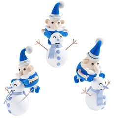 cute santa claus with christmas snowman in three angel 3d illustration in blue theme