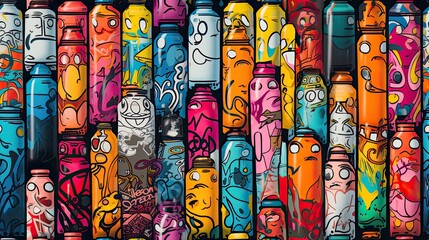 Seamless pattern with colorful graffiti spray cans. - obrazy, fototapety, plakaty