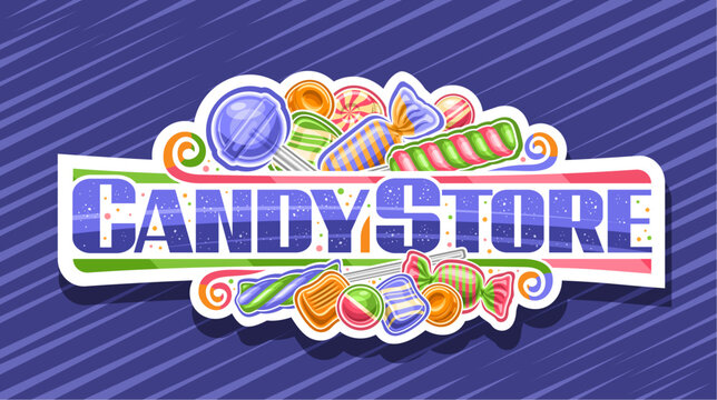 Vector logo for Candy Store, horizontal cut paper sign board with illustration of vivid multi colored candy still life composition and unique lettering for text candy store on blue abstract background