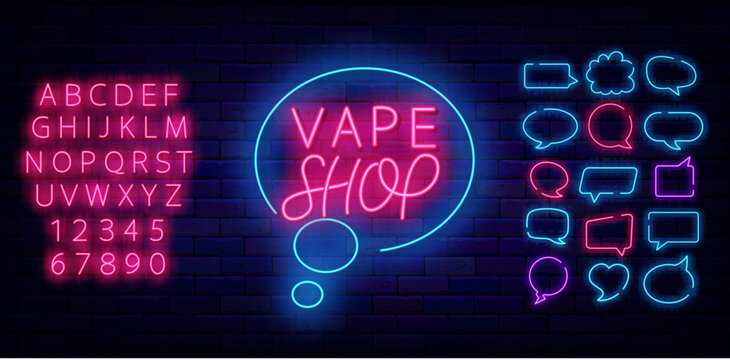 Vape shop neon inscription. Minimal lettering. Smoke market label. Cloud frame. Bright advertising. Vector illustration