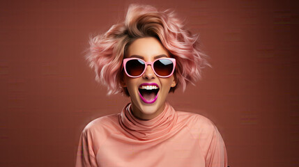 Portrait of satisfied overjoyed woman wear stylish clothes shouting yeah win. Isolated on pink color background - obrazy, fototapety, plakaty