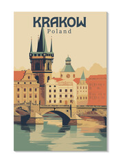 Krakow, Poland. Vintage Travel Posters. Vector art. Famous Tourist Destinations Posters Art Prints Wall Art and Print Set Abstract Travel for Hikers Campers Living Room Decor, Wallpaper