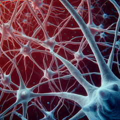 Illustration of neurons and neurotransmitter seen under a microscope. Pattern of connexions neuronal in a surreal in the Brain environment. Generative AI