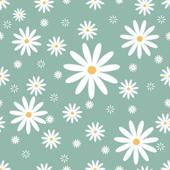 Minimalistic seamless vector pattern. White flat flowers on a background of juicy green color. Plant vector, flat style. For labels, postcards and textiles.